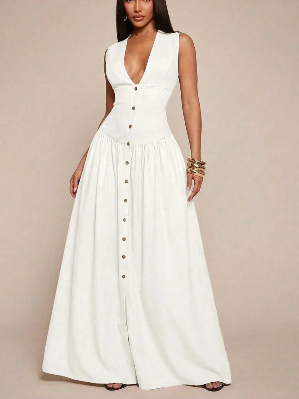 White Minimalist V-Neck Women's Linen-Blend Cinched Waist Shirt Dress - Picture 7 of 7